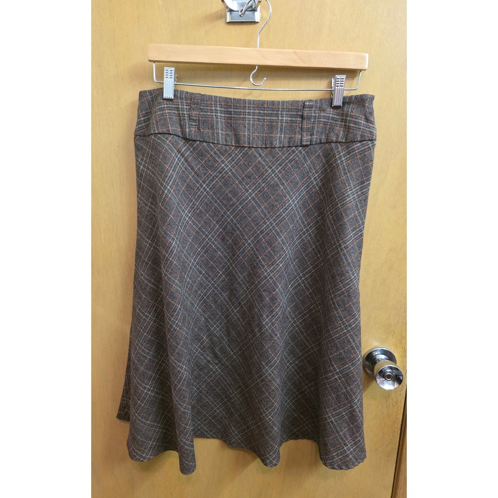 Dressbarn Womens Brown Orange Plaid A-Line Midi Skirt Size 12 Side Zip Flare